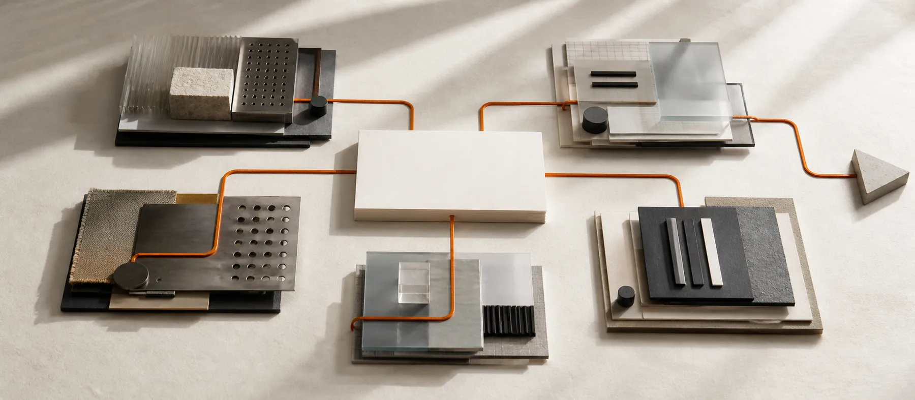 Five tactile working systems connected to one central campaign brief by a continuous orange line.