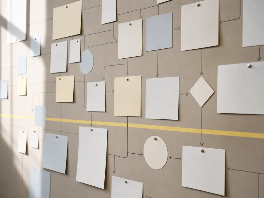 A campaign architecture mapped with blank cards and connecting lines.
