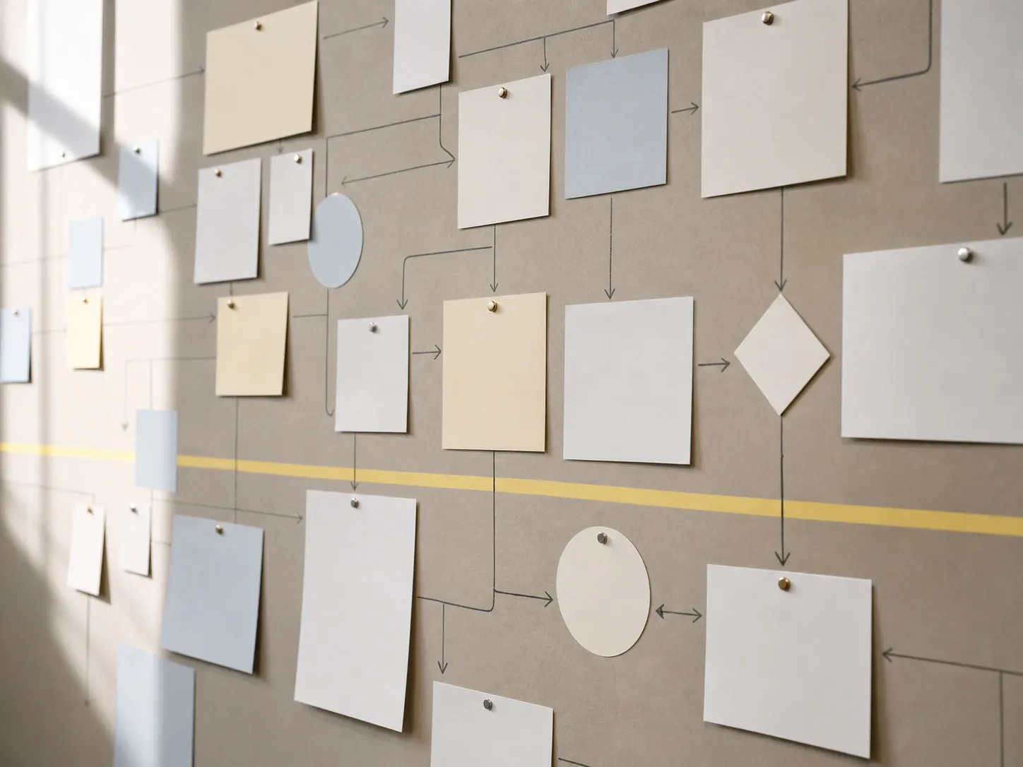 A campaign architecture mapped with blank cards and connecting lines.