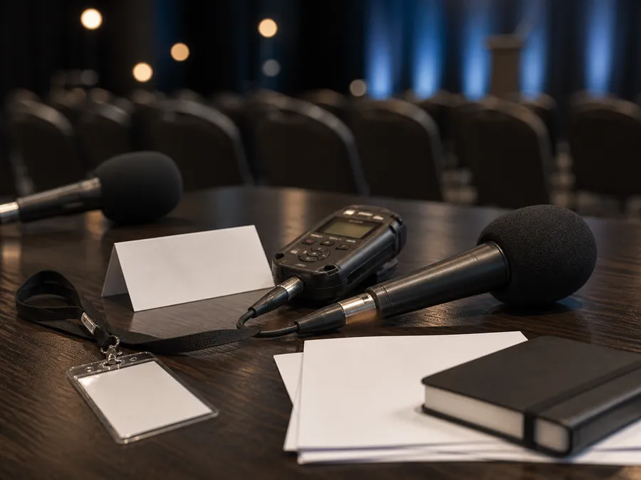 Microphones, a recorder and briefing materials prepared before an event.