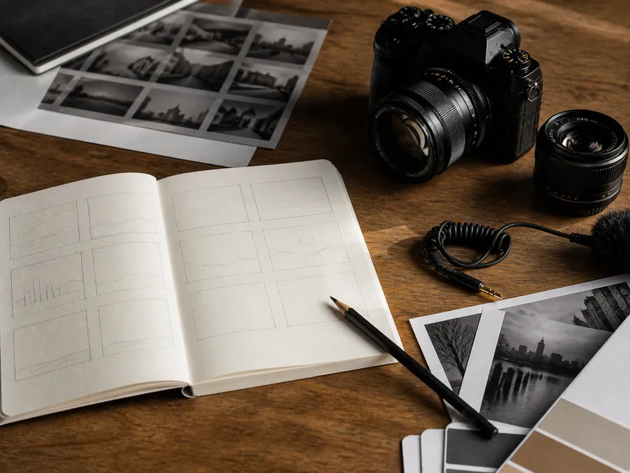 A camera, storyboard notebook and production tools arranged on a working desk.