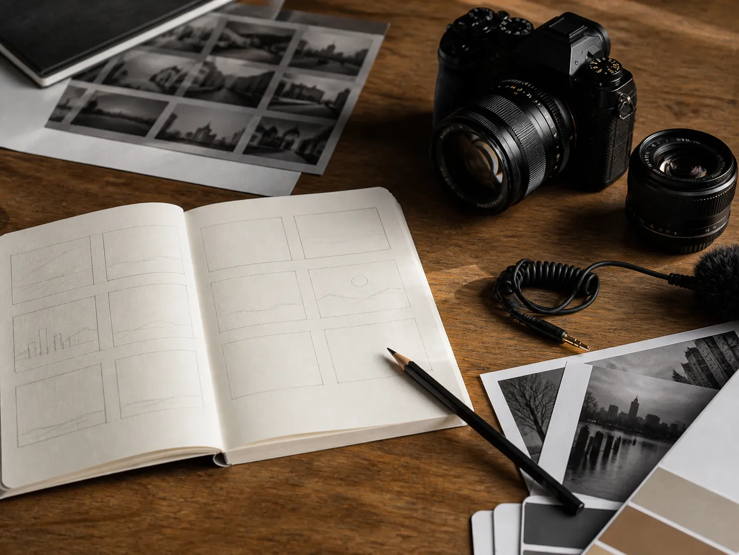 A camera, storyboard notebook and production tools arranged on a working desk.