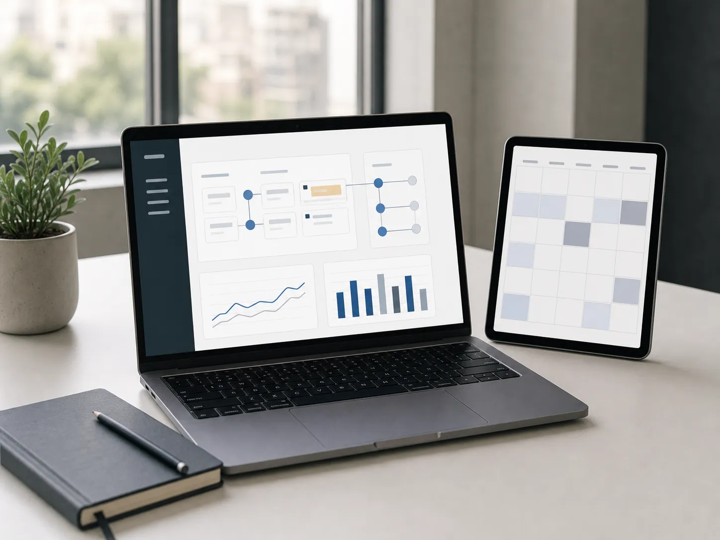 A digital growth system open across a laptop and tablet.
