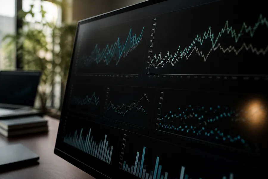 A media performance dashboard being reviewed on a large screen.