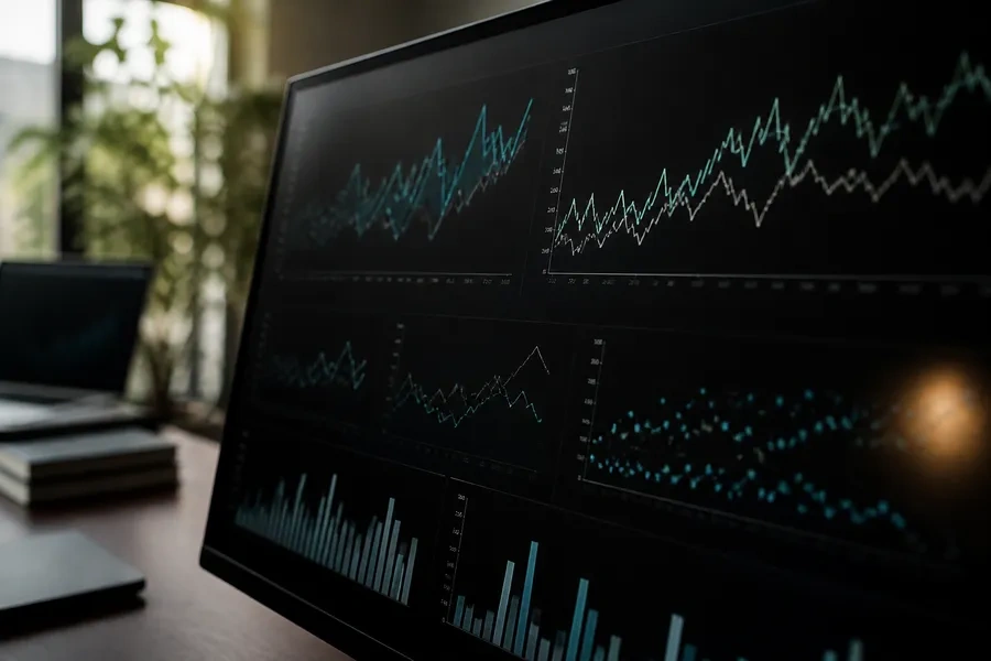 A media performance dashboard being reviewed on a large screen.